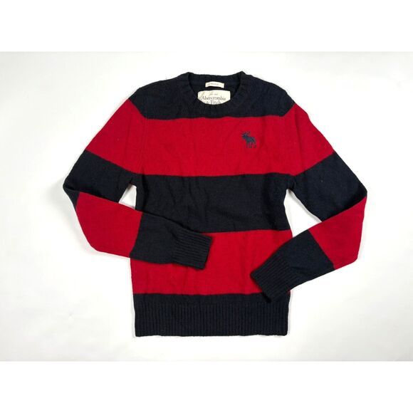 Abercrombie Sweater Mens Muscle Fit 100% Wool Size M Red Navy Striped Vintage - Picture 2 of 5